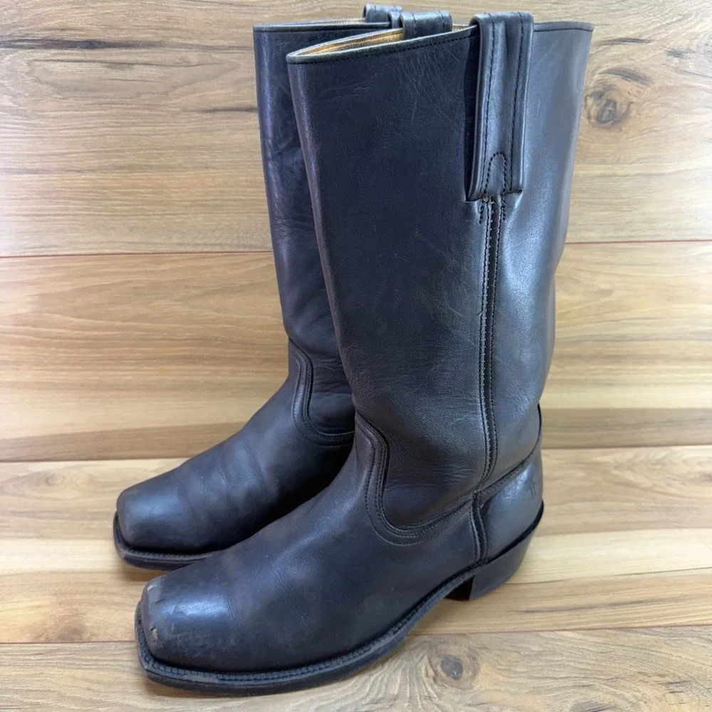 FRYE Vintage Campus Tall Boots Mens 10.5 D Black Leather Zip Square Biker USA